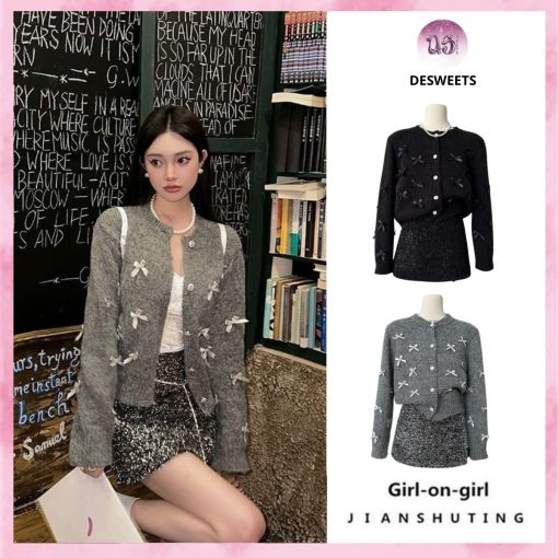 Áo Khoác cardigan Dệt Kim Đính Nơ Xinh Xắn Dáng Ngắn